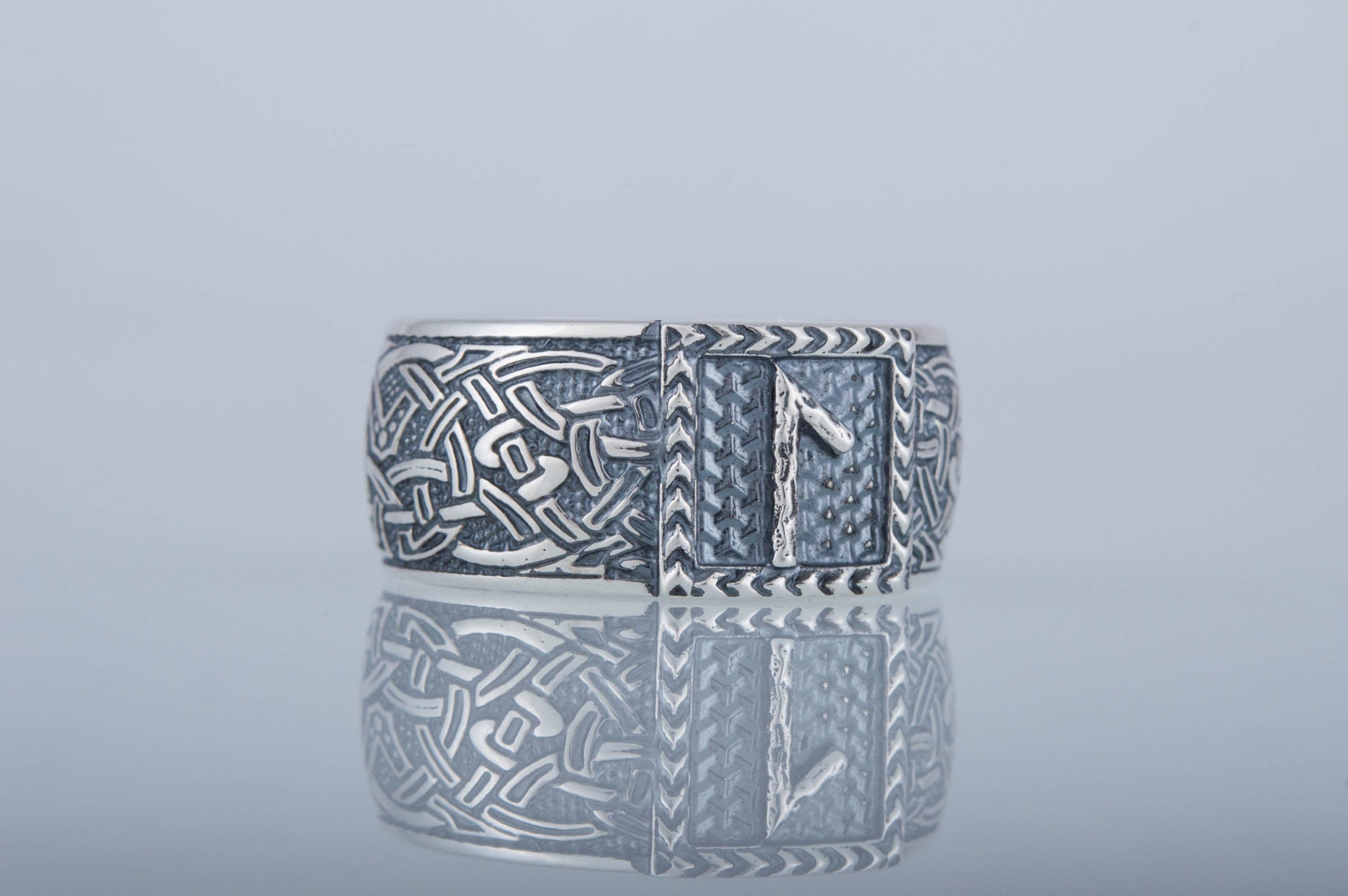 Viking Ring with Laguz Rune and Norse Ornament Sterling Silver Jewelry - vikingworkshop