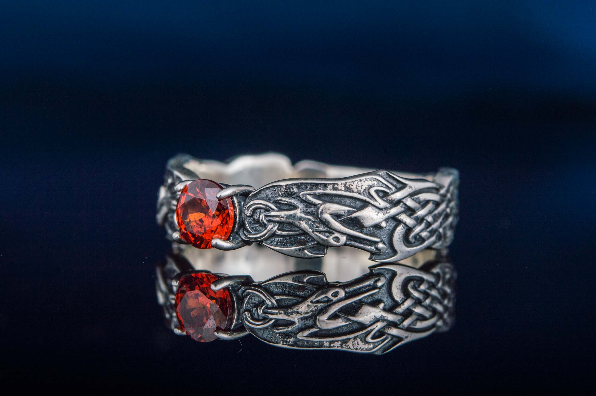 Viking Ring with CZ and Norse Ornament Sterling Silver Viking Jewelry - vikingworkshop