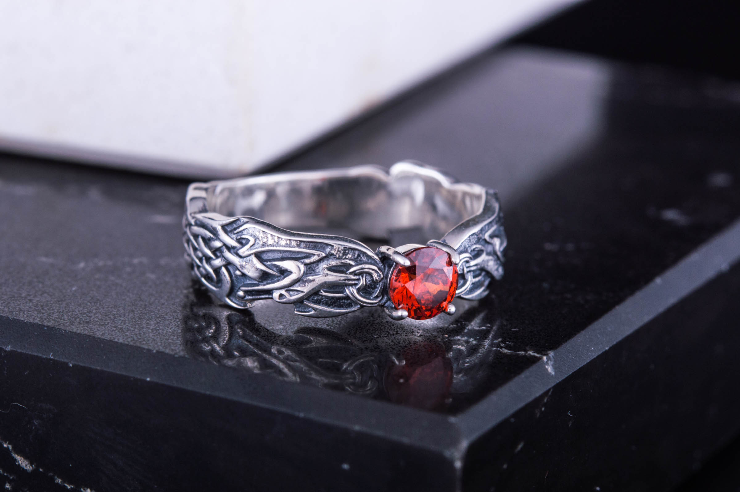 Viking Ring with CZ and Norse Ornament Sterling Silver Viking Jewelry - vikingworkshop