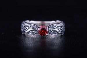 Viking Ring with CZ and Norse Ornament Sterling Silver Viking Jewelry - vikingworkshop