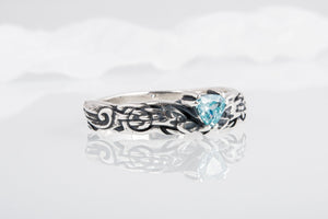 Ring with Viking Ornament and Blue CZ Sterling Silver Jewelry - vikingworkshop