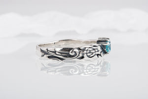 Ring with Viking Ornament and Blue CZ Sterling Silver Jewelry - vikingworkshop