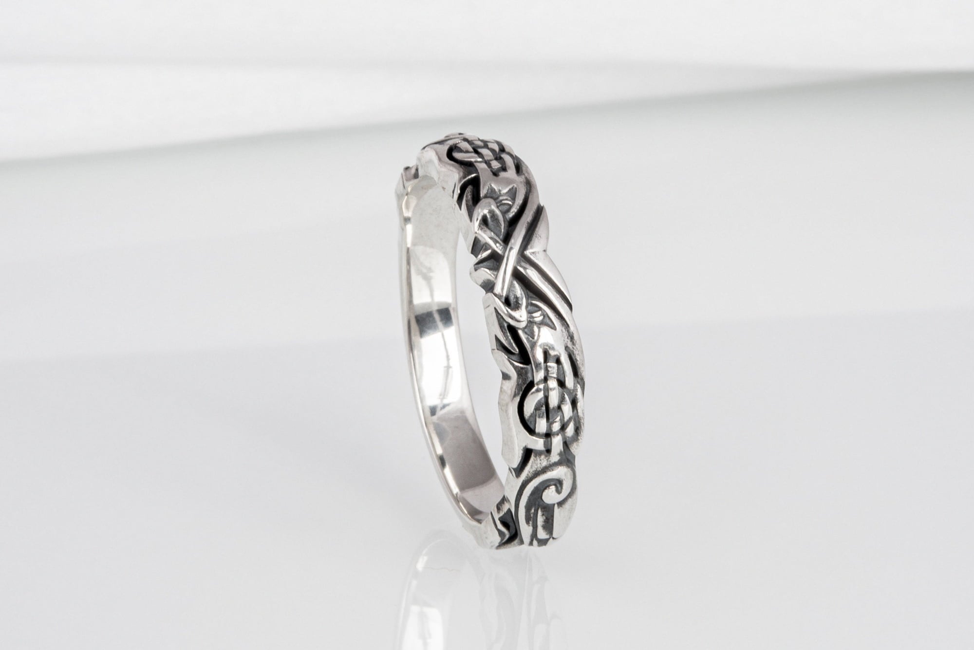 Handmade 925 silver Viking ring with ravens and brutal ancient ornament, unique jewelry - vikingworkshop