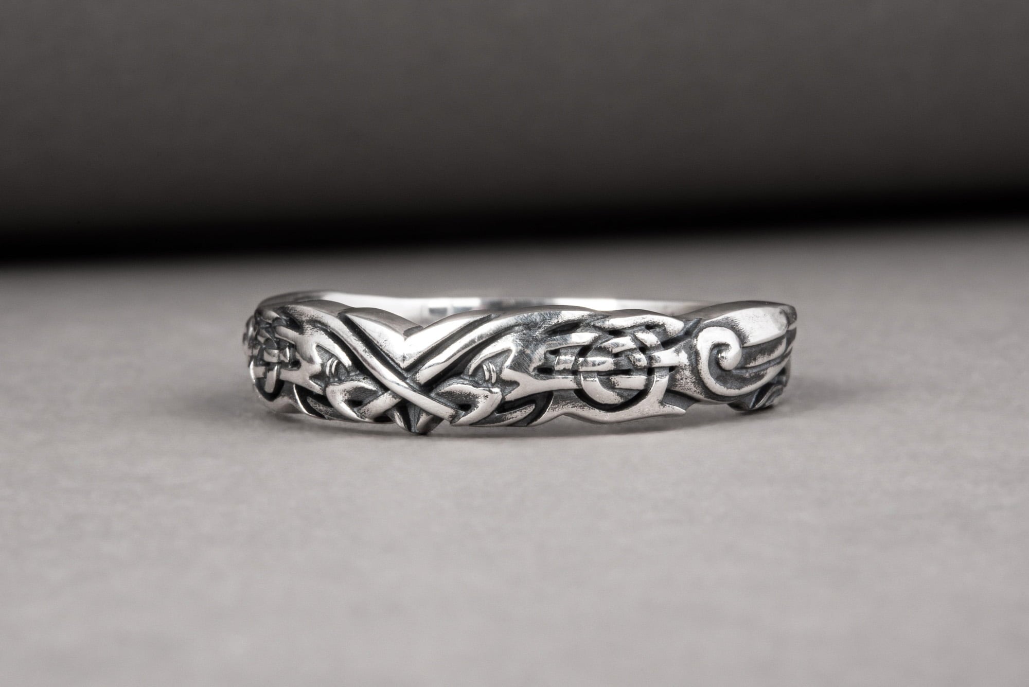 Handmade 925 silver Viking ring with ravens and brutal ancient ornament, unique jewelry - vikingworkshop