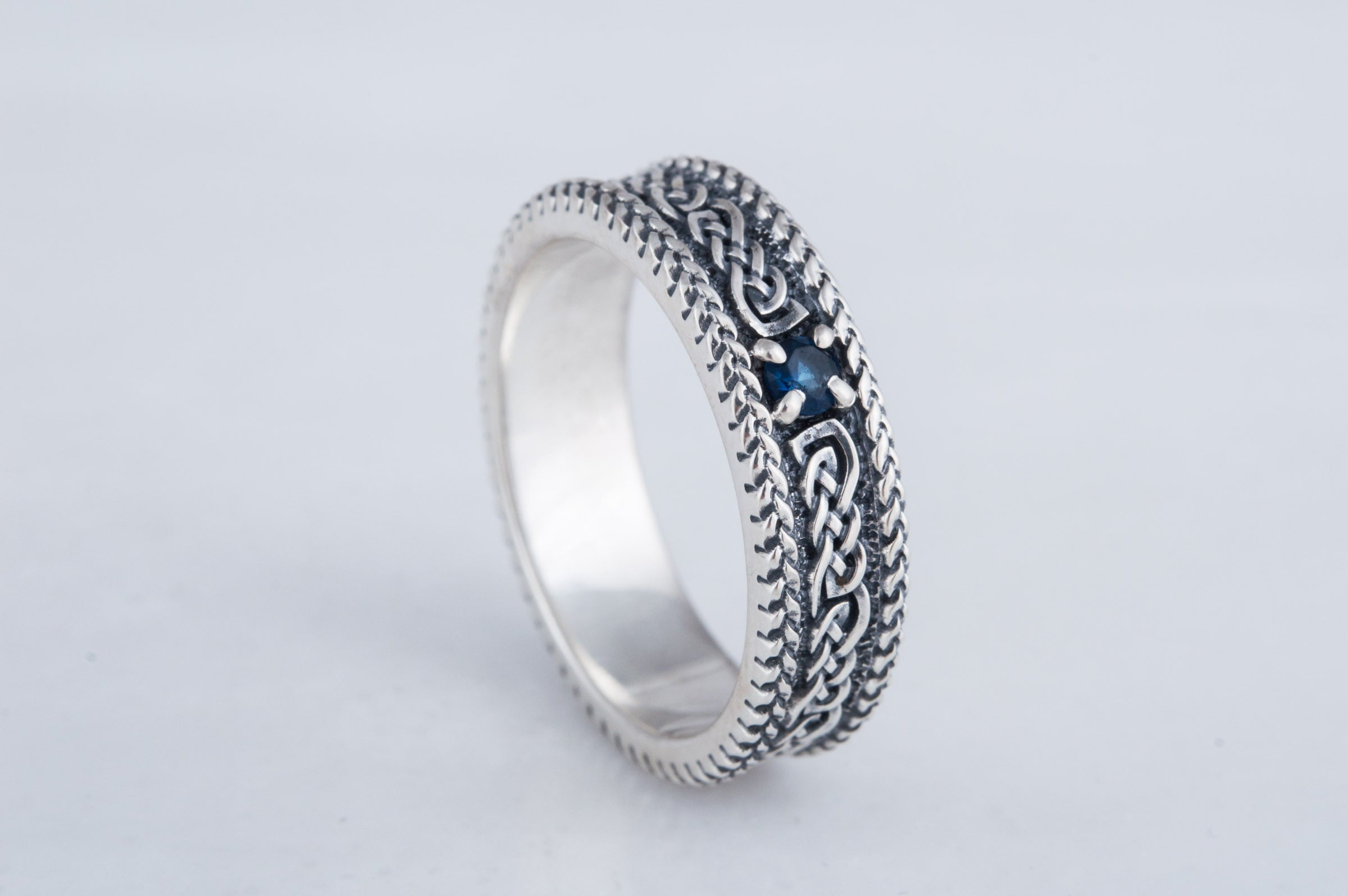 Ring with Ornament and Gem Sterling Silver Handcrafted Viking Jewelry - vikingworkshop