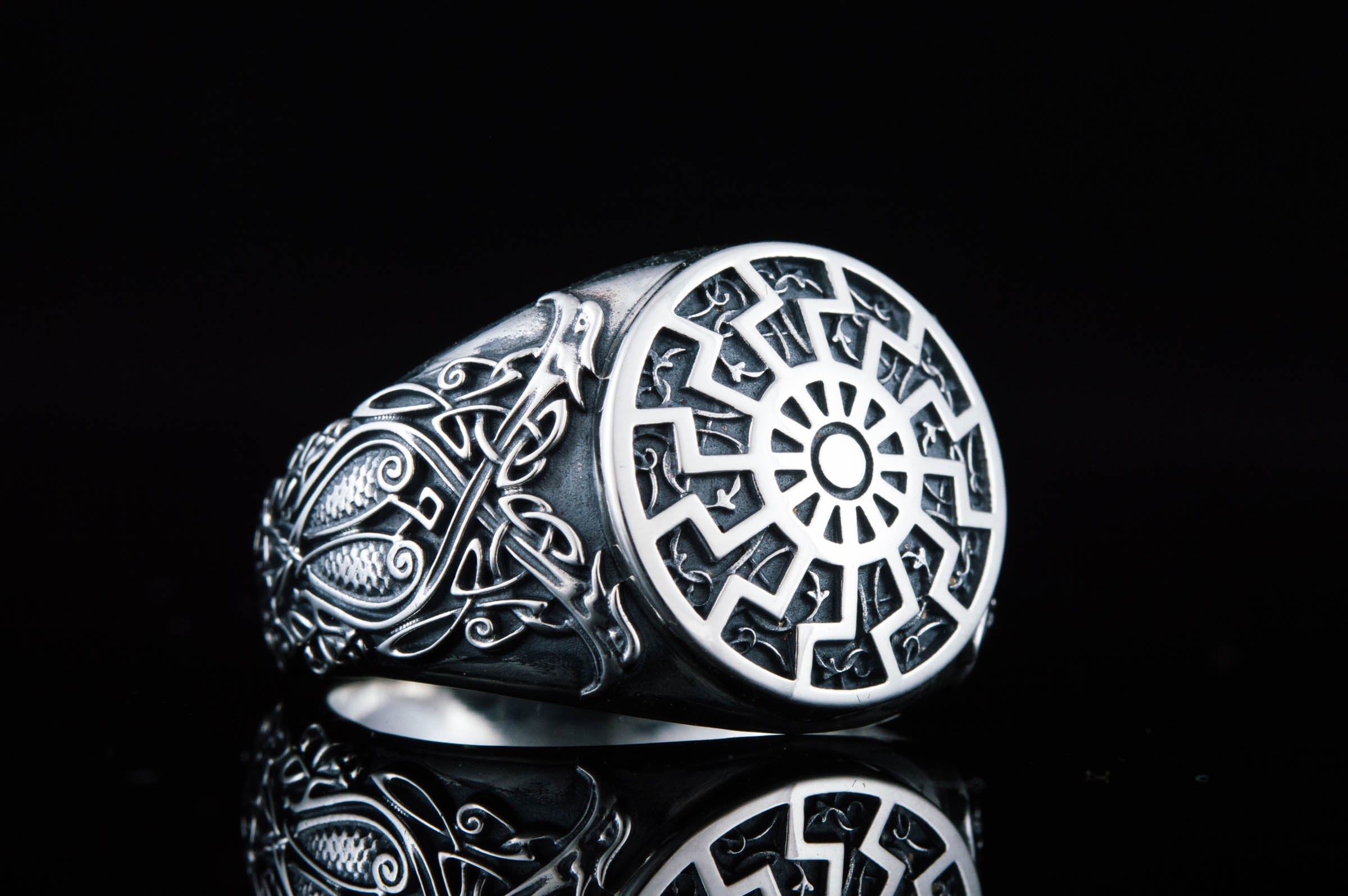 Black Sun Symbol Ring with Viking Style Ornament Sterling Silver Jewelry - vikingworkshop