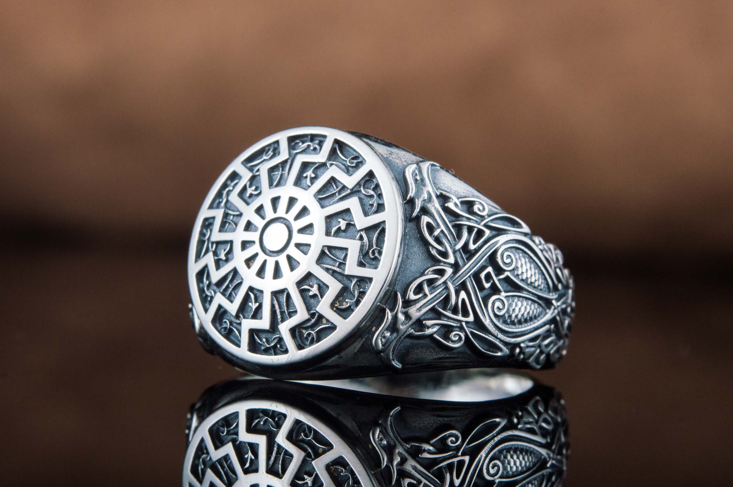 Black Sun Symbol Ring with Viking Style Ornament Sterling Silver Jewelry - vikingworkshop