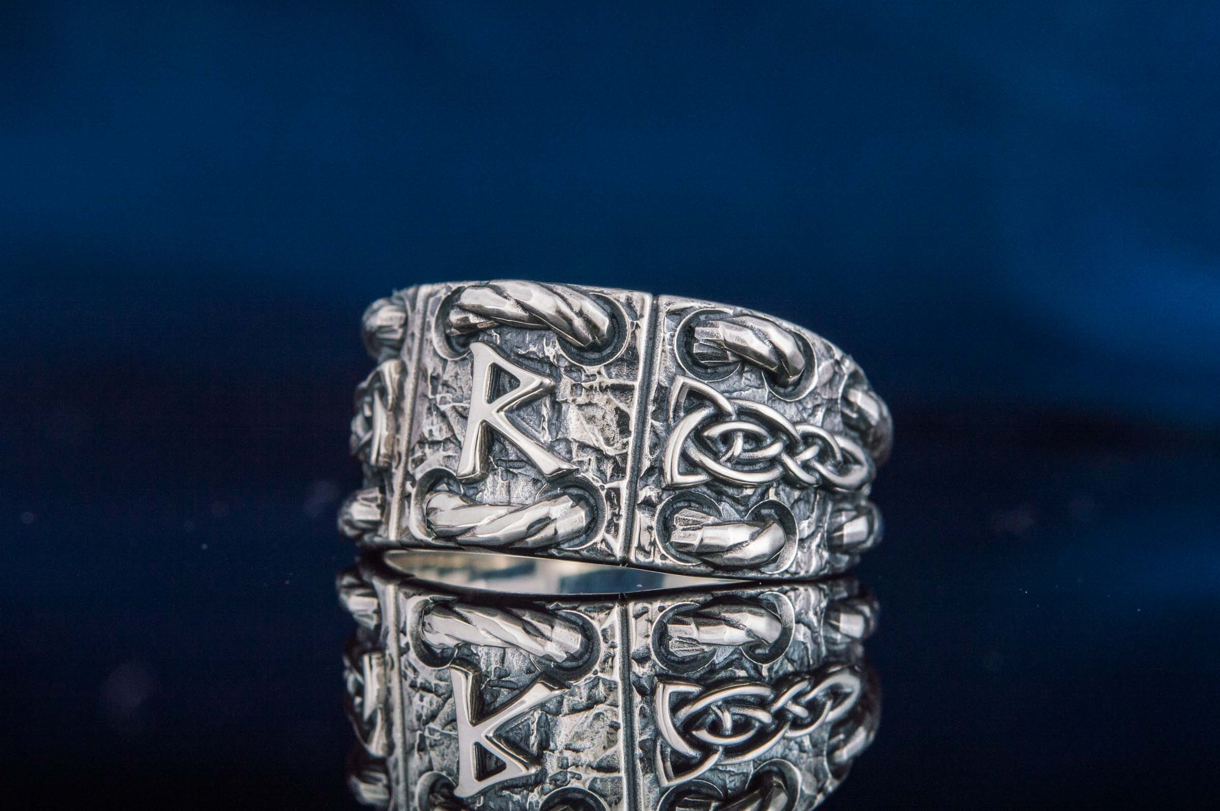 925 Silver Ring with Raido rune and celtic ornament, unique handmade jewelry - vikingworkshop