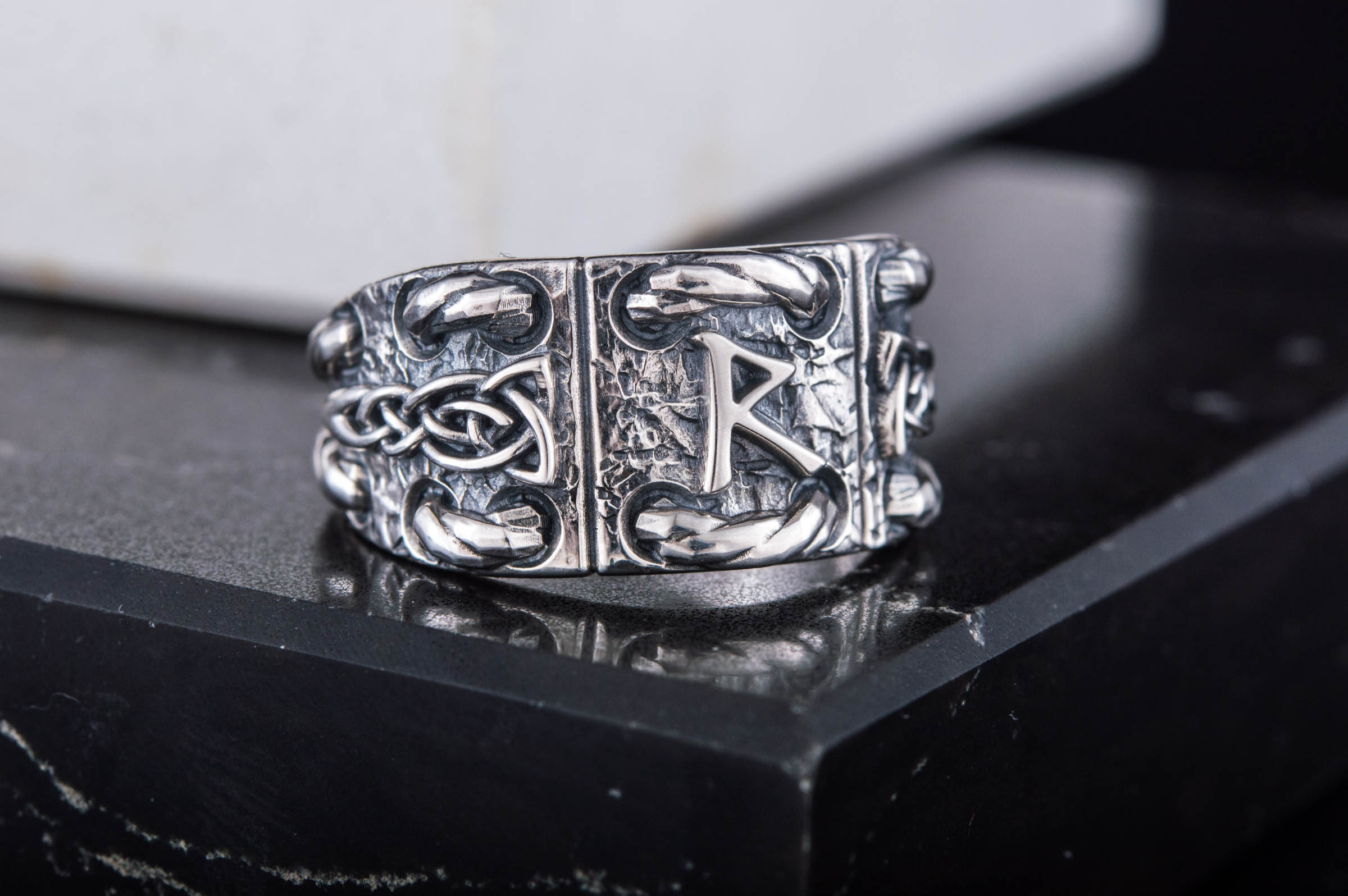 925 Silver Ring with Raido rune and celtic ornament, unique handmade jewelry - vikingworkshop