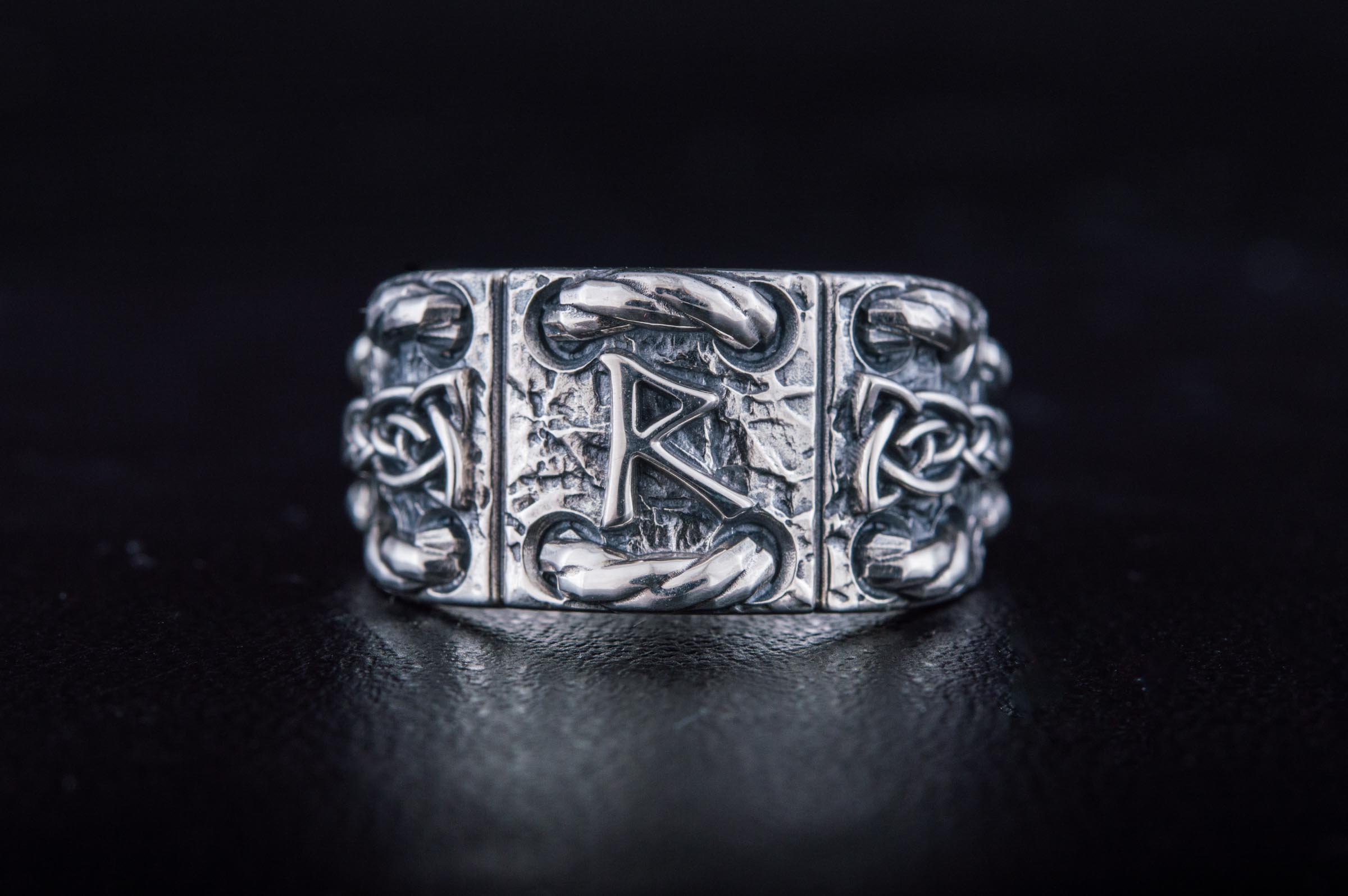 925 Silver Ring with Raido rune and celtic ornament, unique handmade jewelry - vikingworkshop