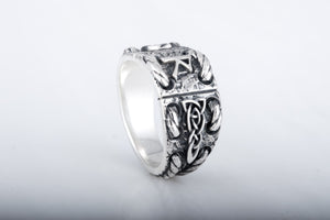 925 Silver Ring with Raido rune and celtic ornament, unique handmade jewelry - vikingworkshop