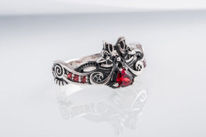 Unique 925 Silver ring with Wolves and Red Gems, handmade Viking jewelry - vikingworkshop