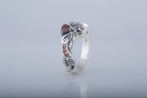 Unique 925 Silver ring with Wolves and Red Gems, handmade Viking jewelry - vikingworkshop