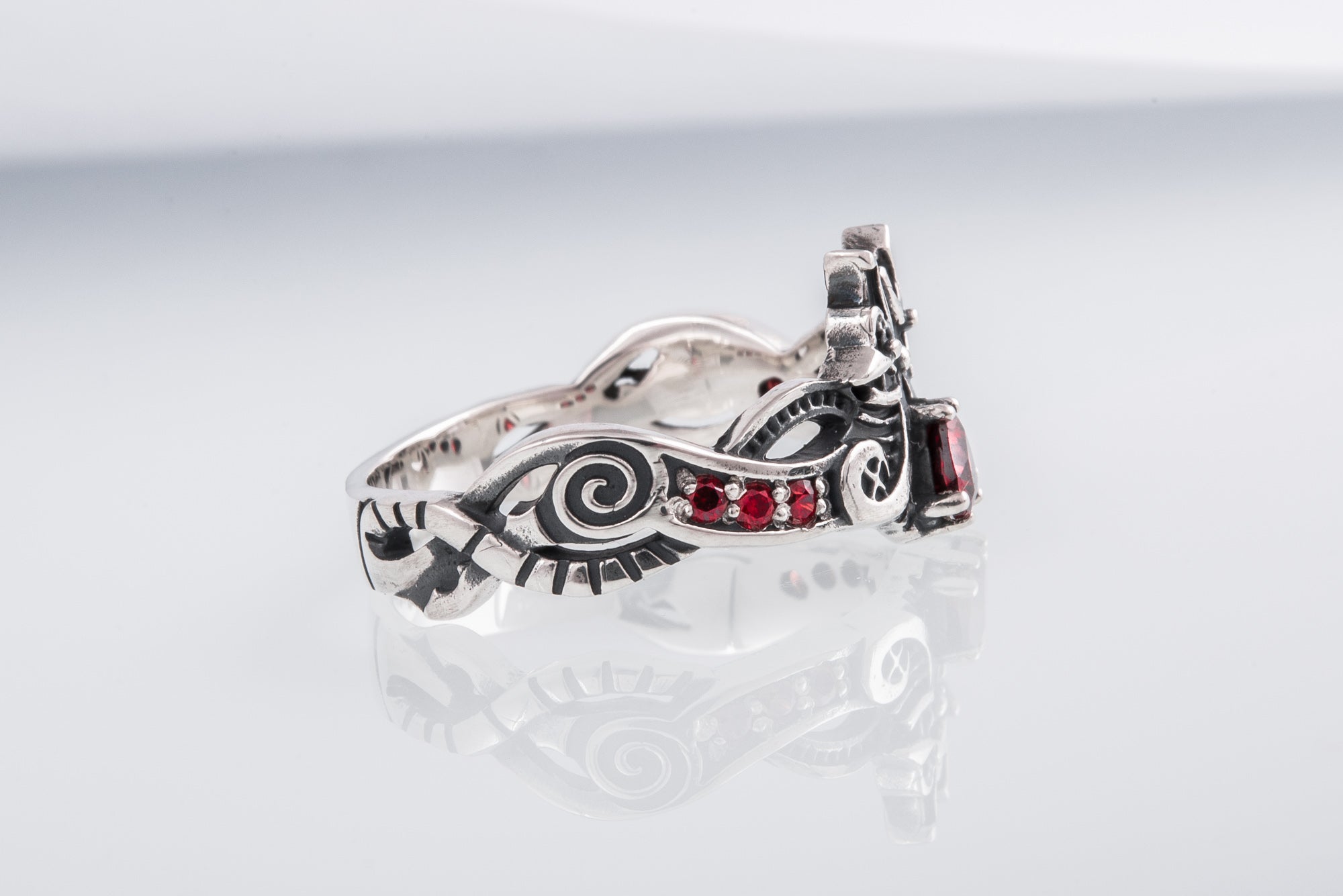 Unique 925 Silver ring with Wolves and Red Gems, handmade Viking jewelry - vikingworkshop