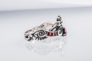 Unique 925 Silver ring with Wolves and Red Gems, handmade Viking jewelry - vikingworkshop