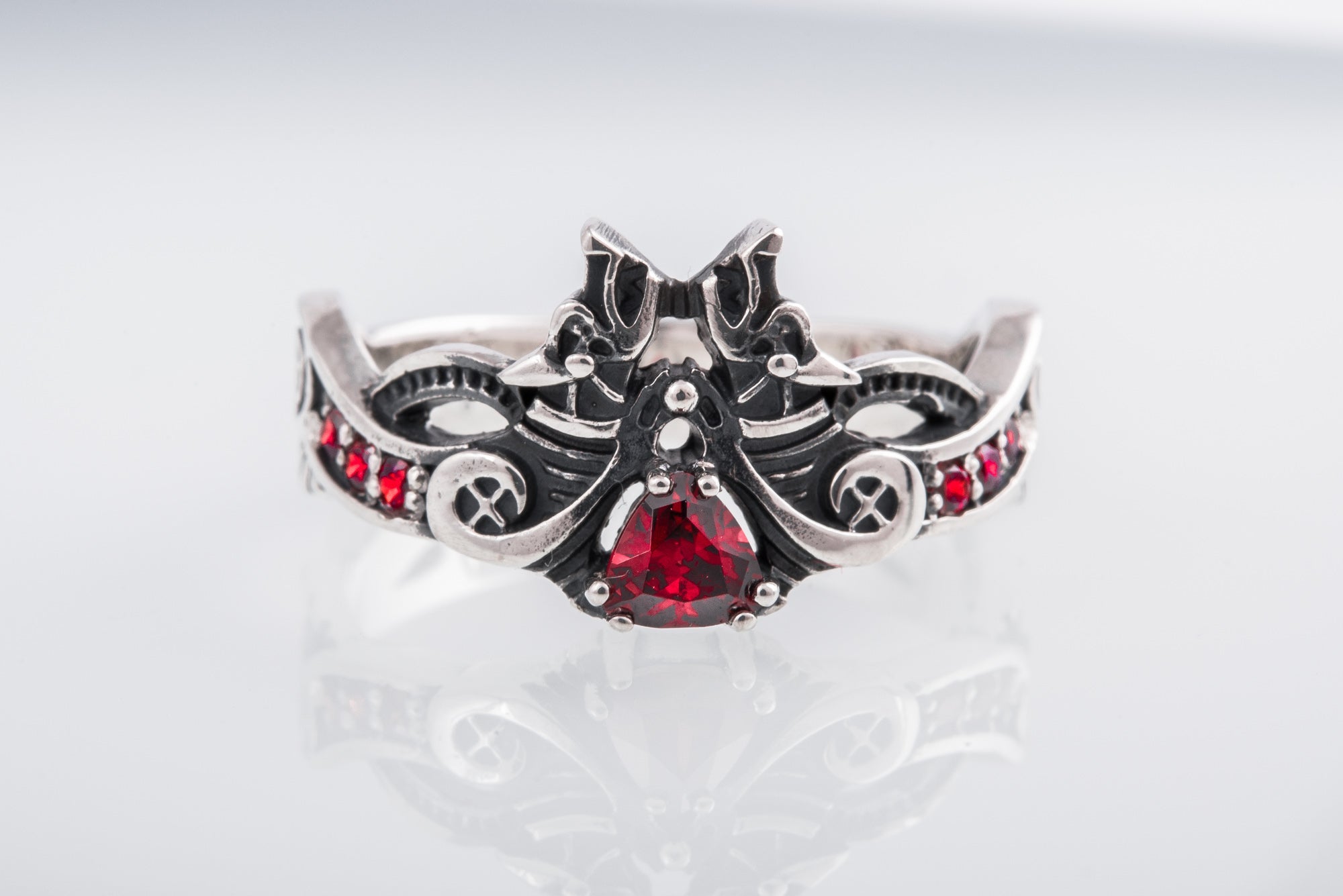 Unique 925 Silver ring with Wolves and Red Gems, handmade Viking jewelry - vikingworkshop