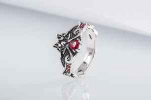 Unique 925 Silver ring with Wolves and Red Gems, handmade Viking jewelry - vikingworkshop