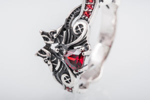 Unique 925 Silver ring with Wolves and Red Gems, handmade Viking jewelry - vikingworkshop