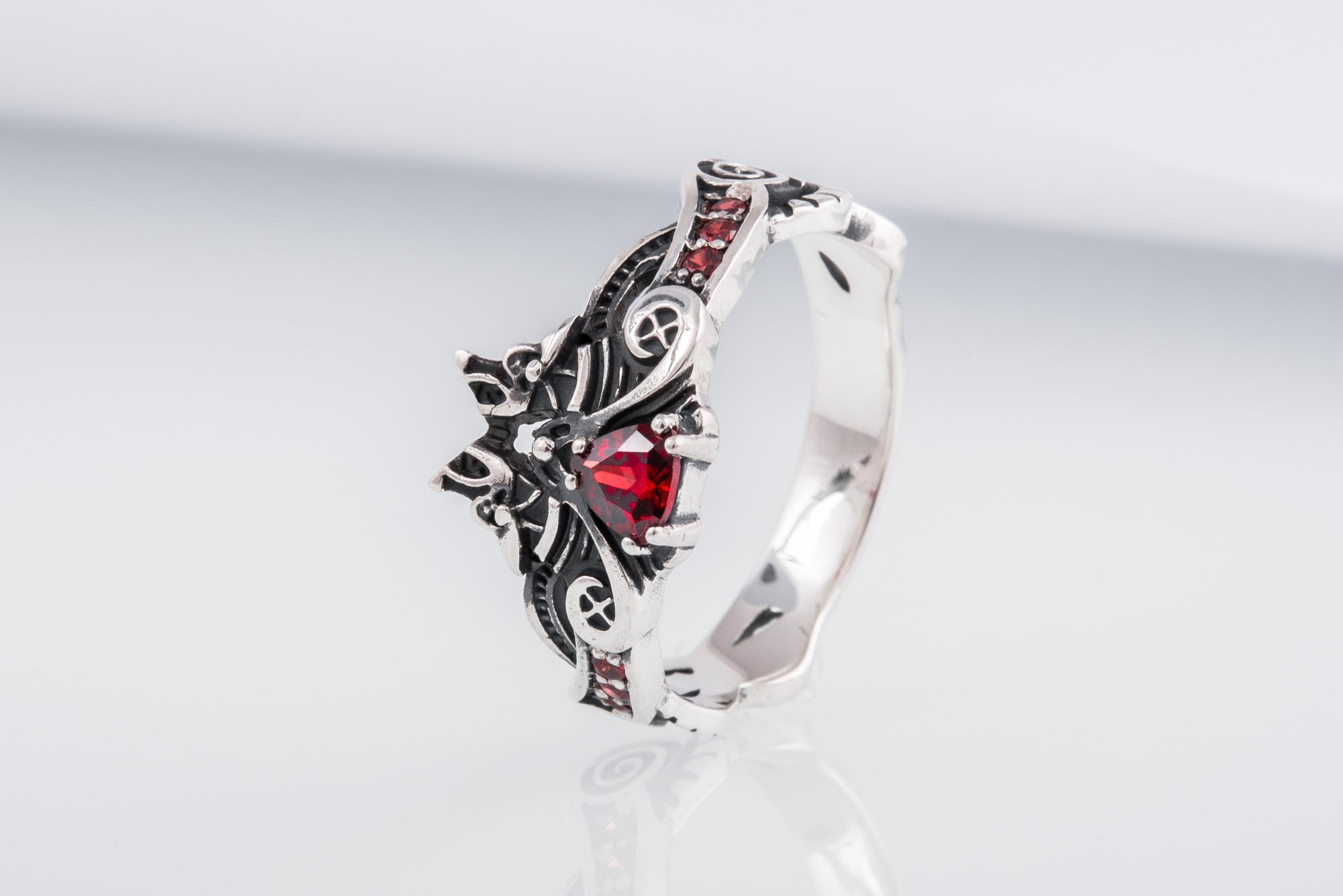 Unique 925 Silver ring with Wolves and Red Gems, handmade Viking jewelry - vikingworkshop