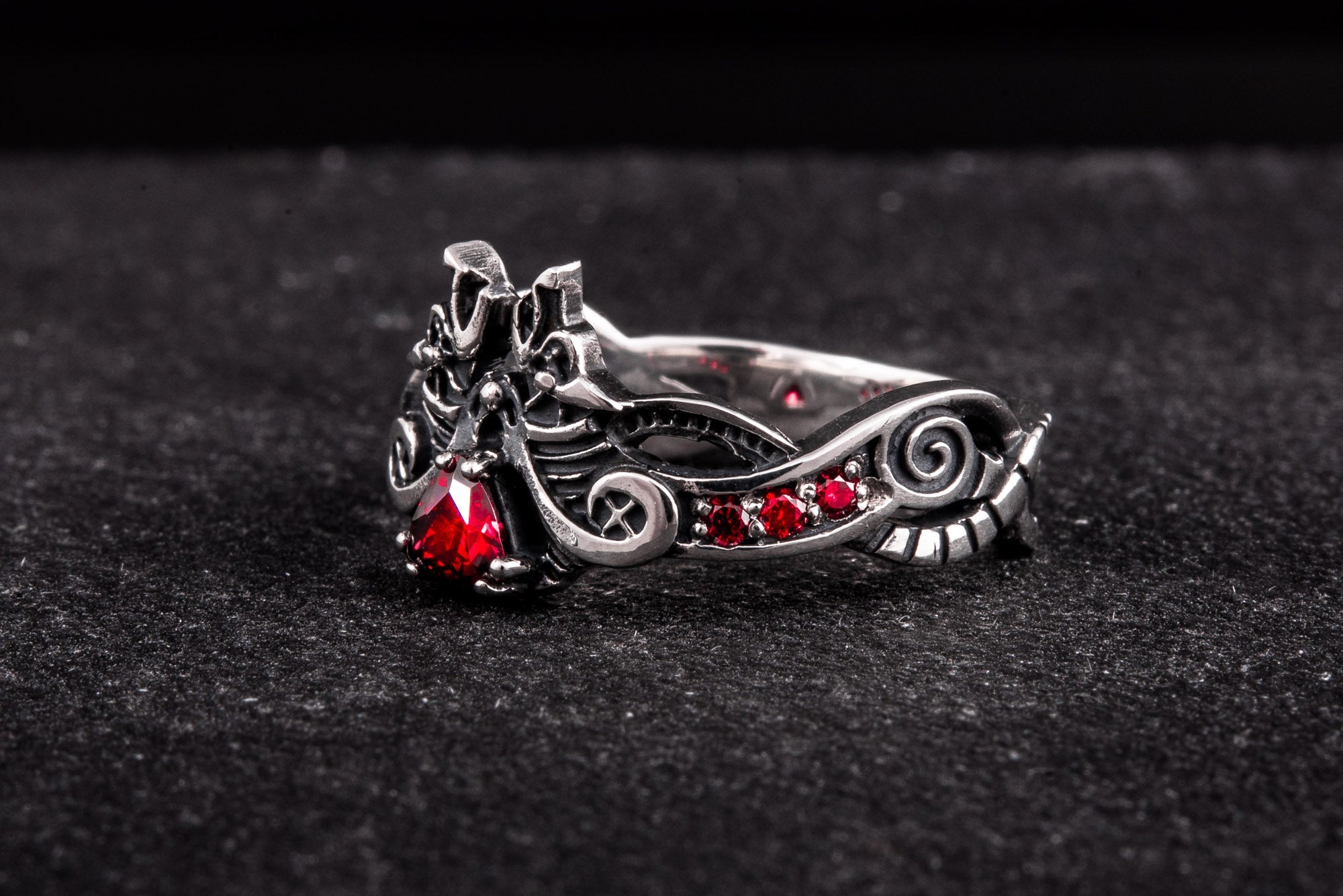 Unique 925 Silver ring with Wolves and Red Gems, handmade Viking jewelry - vikingworkshop