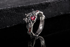 Unique 925 Silver ring with Wolves and Red Gems, handmade Viking jewelry - vikingworkshop