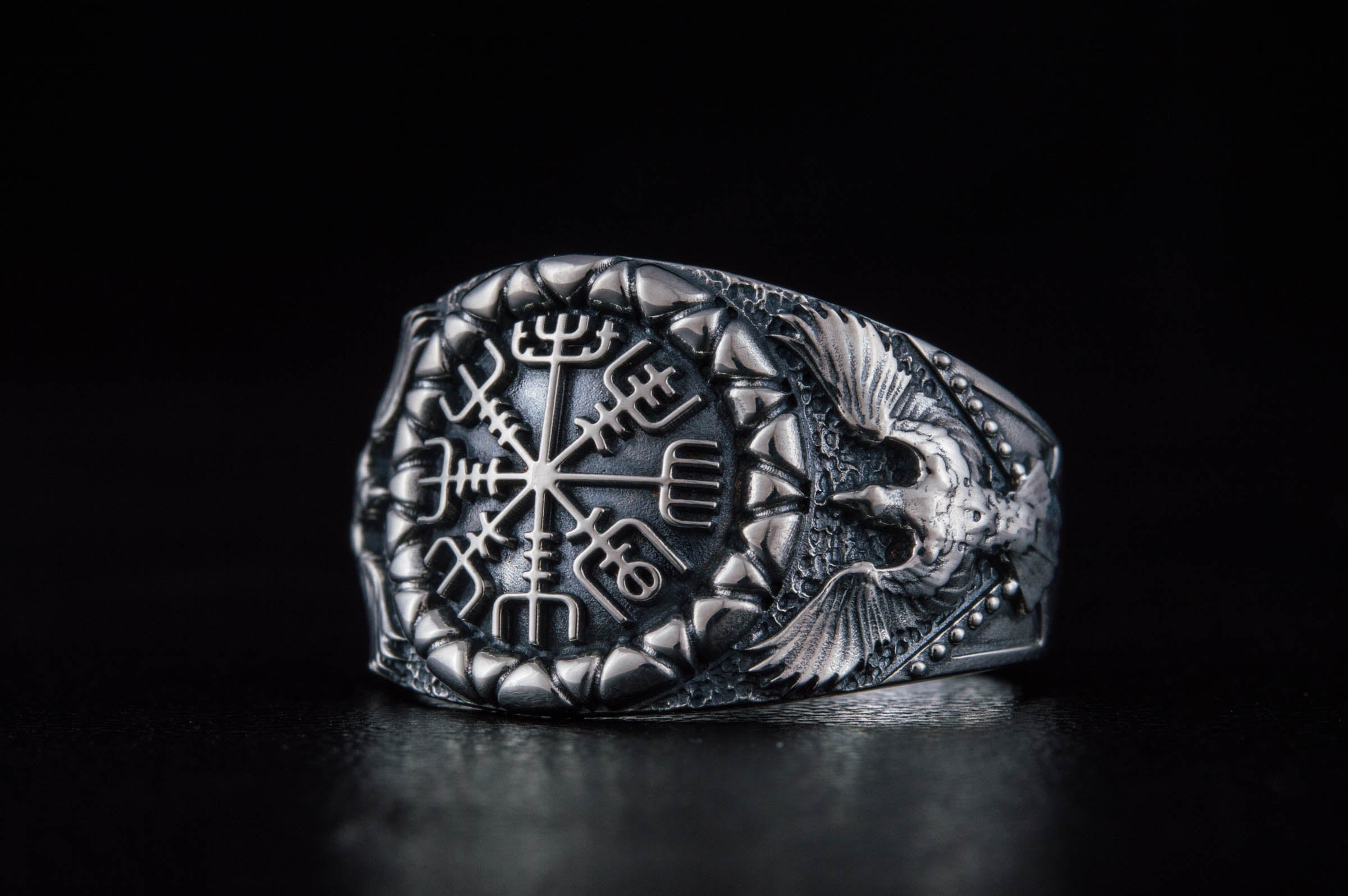 Vegvisir Symbol with Raven Style Sterling Silver Norse Ring - vikingworkshop