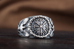 Vegvisir Symbol with Raven Style Sterling Silver Norse Ring - vikingworkshop