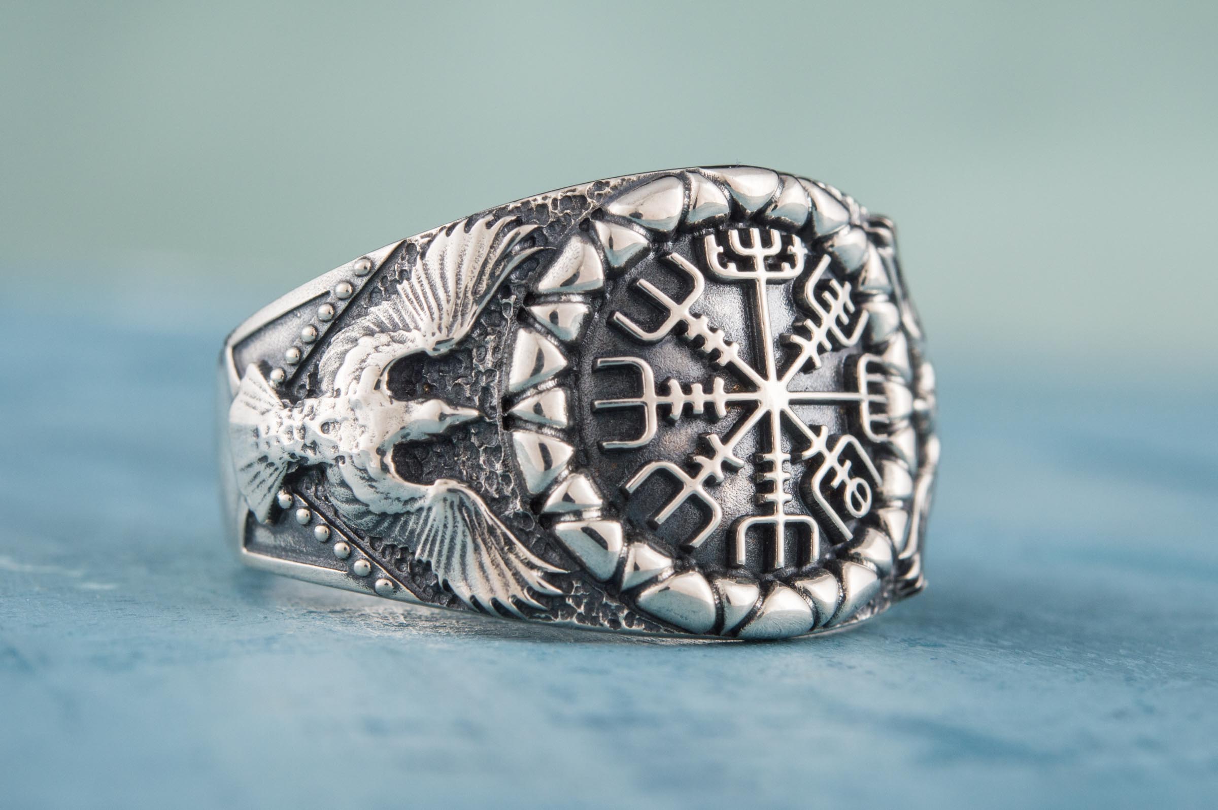 Vegvisir Symbol with Raven Style Sterling Silver Norse Ring - vikingworkshop