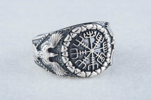 Vegvisir Symbol with Raven Style Sterling Silver Norse Ring - vikingworkshop