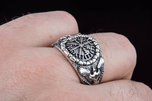 Vegvisir Symbol with Raven Style Sterling Silver Norse Ring - vikingworkshop