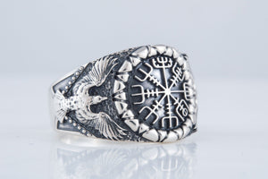 Vegvisir Symbol with Raven Style Sterling Silver Norse Ring - vikingworkshop