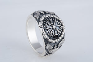 Vegvisir Symbol with Raven Style Sterling Silver Norse Ring - vikingworkshop