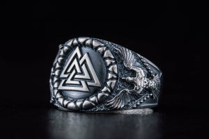 Valknut Symbol with Raven Style Sterling Silver Norse Ring - vikingworkshop