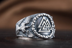 Valknut Symbol with Raven Style Sterling Silver Norse Ring - vikingworkshop