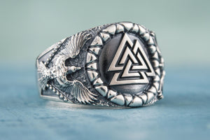 Valknut Symbol with Raven Style Sterling Silver Norse Ring - vikingworkshop