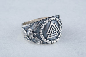 Valknut Symbol with Raven Style Sterling Silver Norse Ring - vikingworkshop