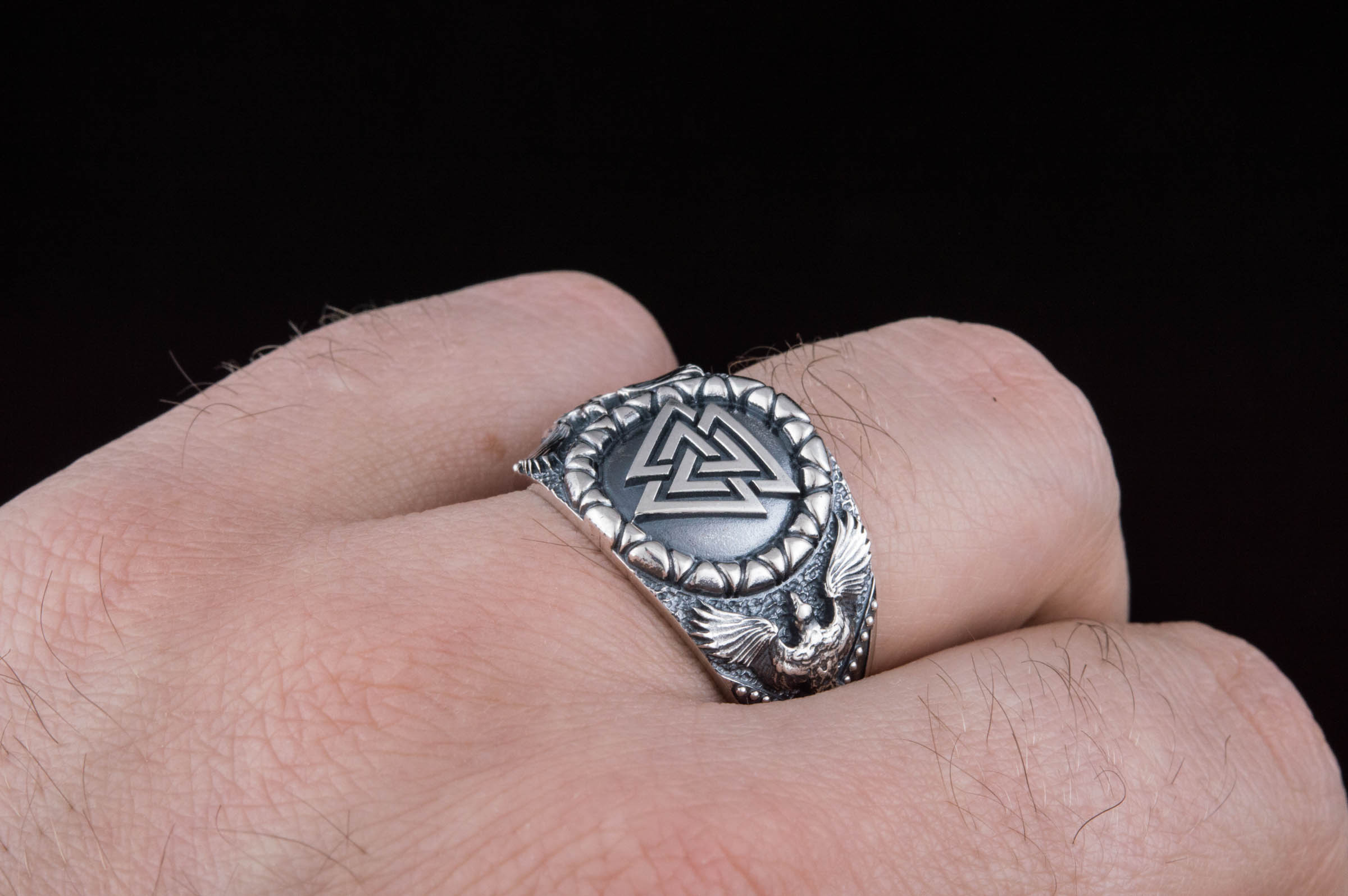 Valknut Symbol with Raven Style Sterling Silver Norse Ring - vikingworkshop