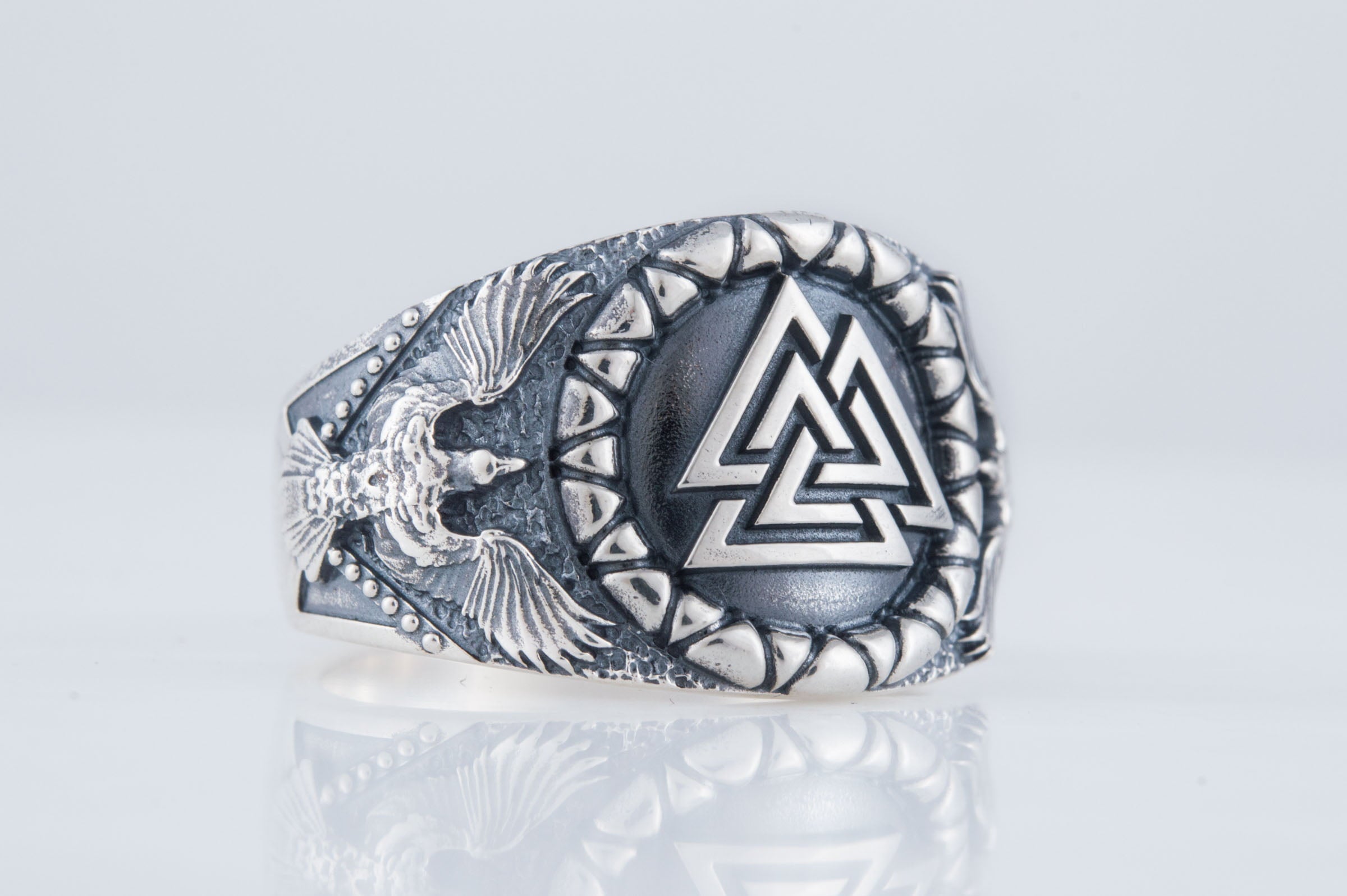 Valknut Symbol with Raven Style Sterling Silver Norse Ring - vikingworkshop