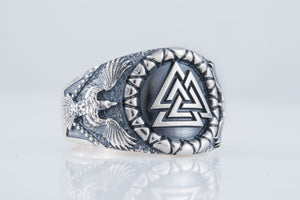 Valknut Symbol with Raven Style Sterling Silver Norse Ring - vikingworkshop