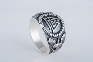 Valknut Symbol with Raven Style Sterling Silver Norse Ring - vikingworkshop