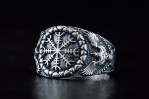 Helm of Awe Symbol with Raven Style Sterling Silver Norse Ring - vikingworkshop