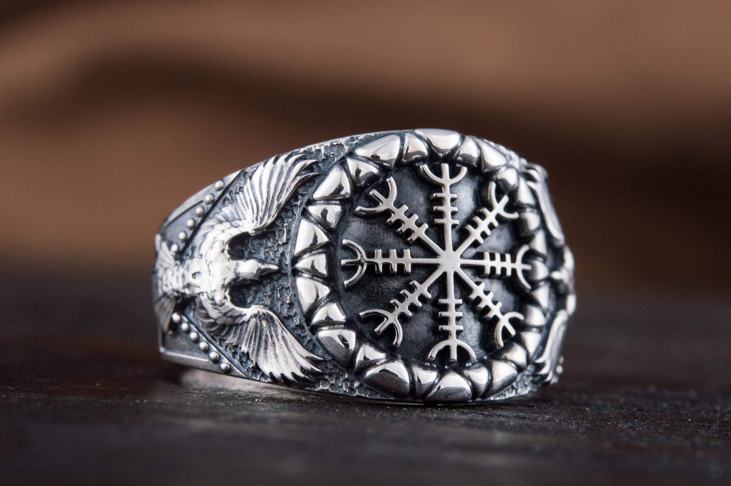 Helm of Awe Symbol with Raven Style Sterling Silver Norse Ring - vikingworkshop