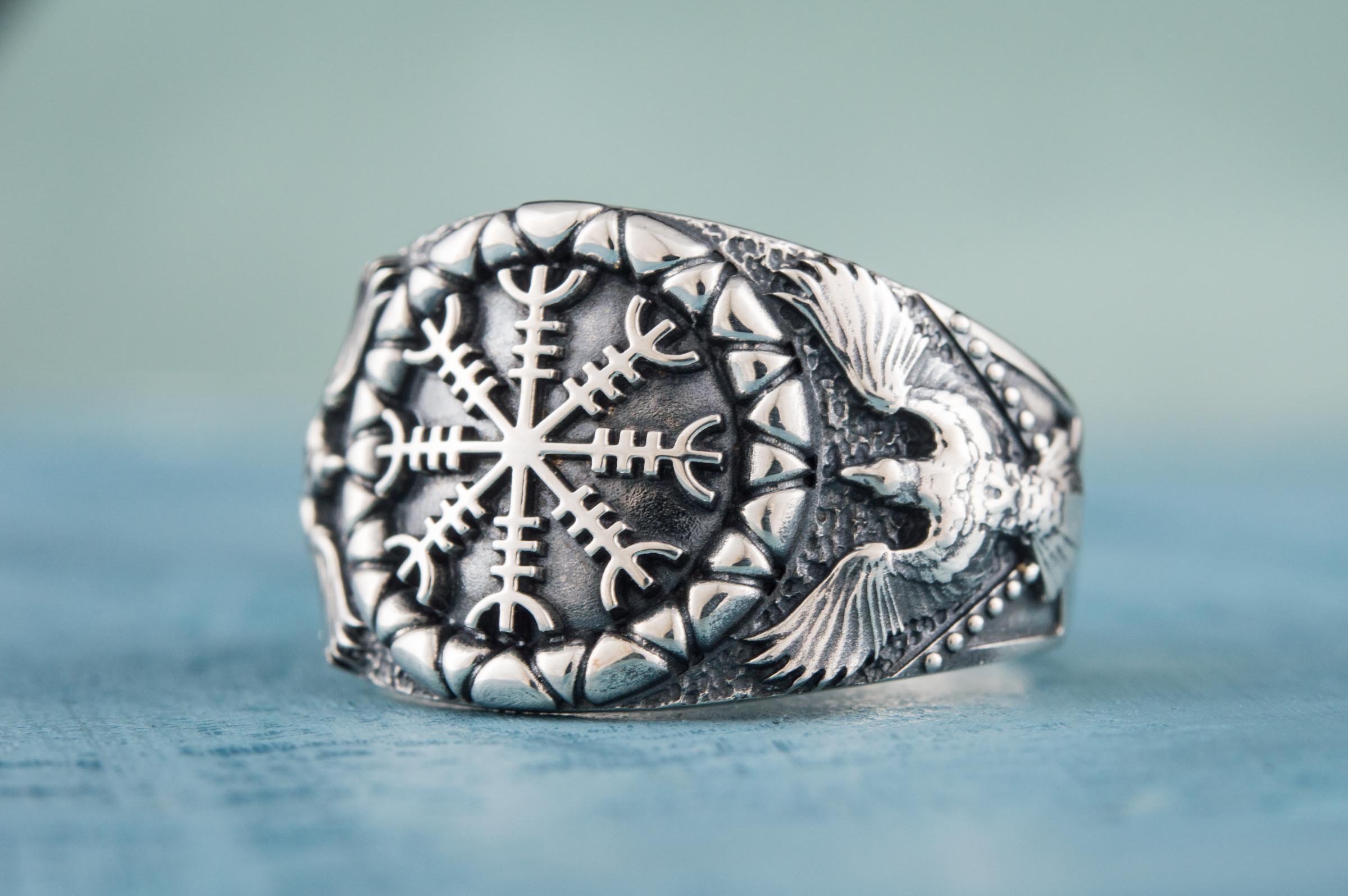 Helm of Awe Symbol with Raven Style Sterling Silver Norse Ring - vikingworkshop