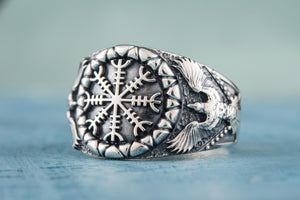 Helm of Awe Symbol with Raven Style Sterling Silver Norse Ring - vikingworkshop