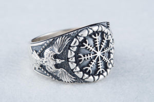 Helm of Awe Symbol with Raven Style Sterling Silver Norse Ring - vikingworkshop