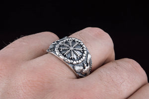 Helm of Awe Symbol with Raven Style Sterling Silver Norse Ring - vikingworkshop