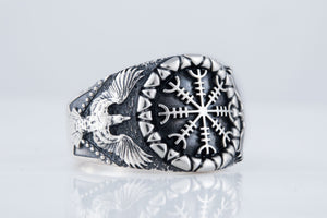 Helm of Awe Symbol with Raven Style Sterling Silver Norse Ring - vikingworkshop