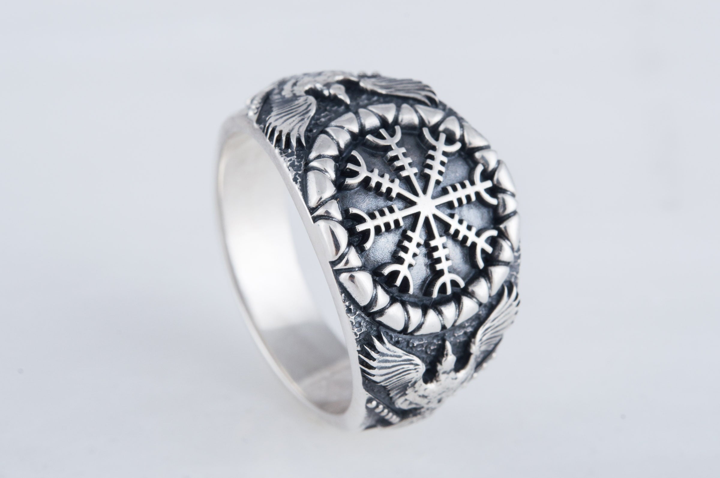 Helm of Awe Symbol with Raven Style Sterling Silver Norse Ring - vikingworkshop