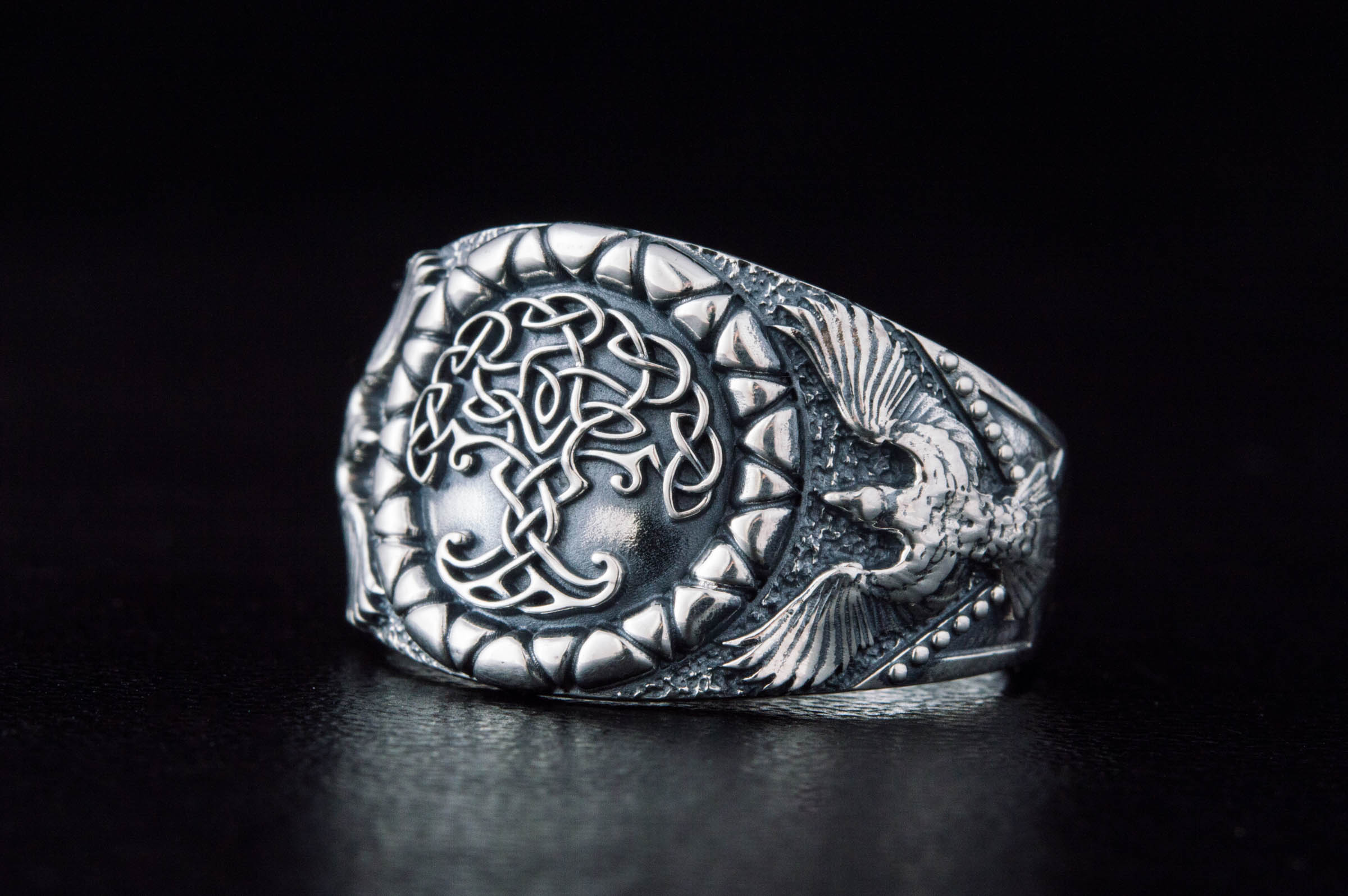 Yggdrasil Symbol with Raven Style Sterling Silver Norse Ring - vikingworkshop