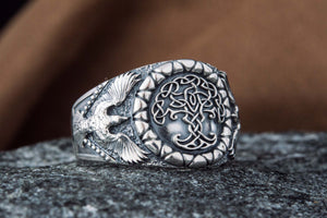 Yggdrasil Symbol with Raven Style Sterling Silver Norse Ring - vikingworkshop